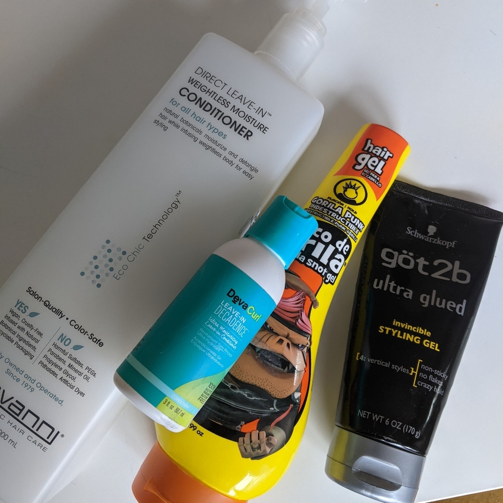 Deva curl, gorilla snot, Giovanni leave in, got 2b